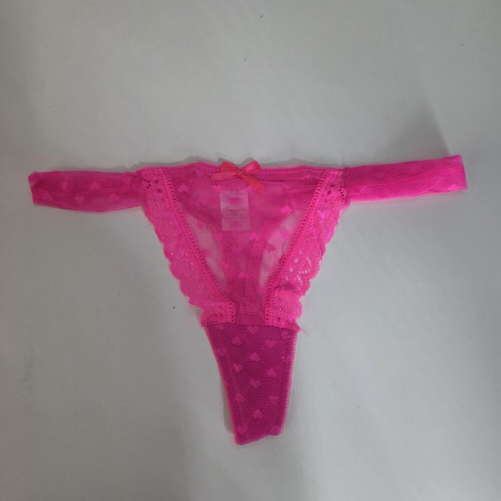 Knotty Knickers Panties Womens L Pink Thong Polka Dot Mesh Sheer Bow Stretch